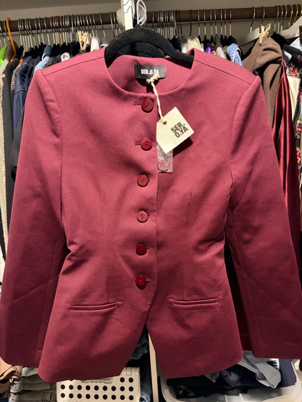 SER.O.YA Women's Maroon Collarless Button Blazer